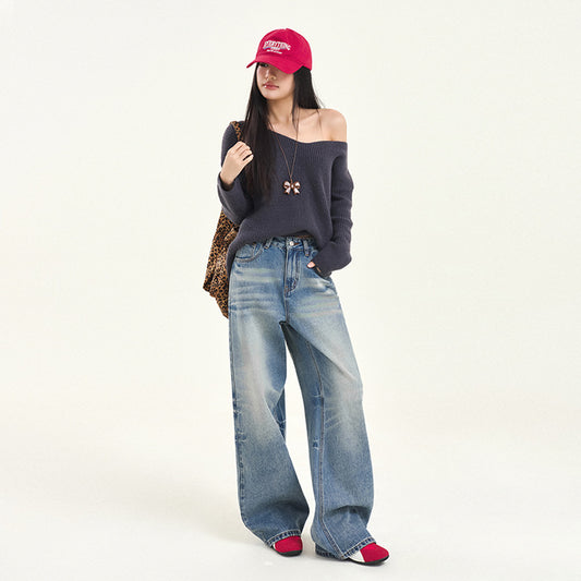 Women's Vintage Blue High Waist Wide-Leg Denim Pants