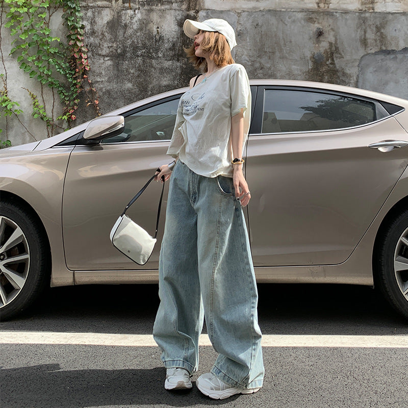 Women's Knife-Leg Jeans - Casual Wide-Leg Floor-Length Pants in Washed Blue