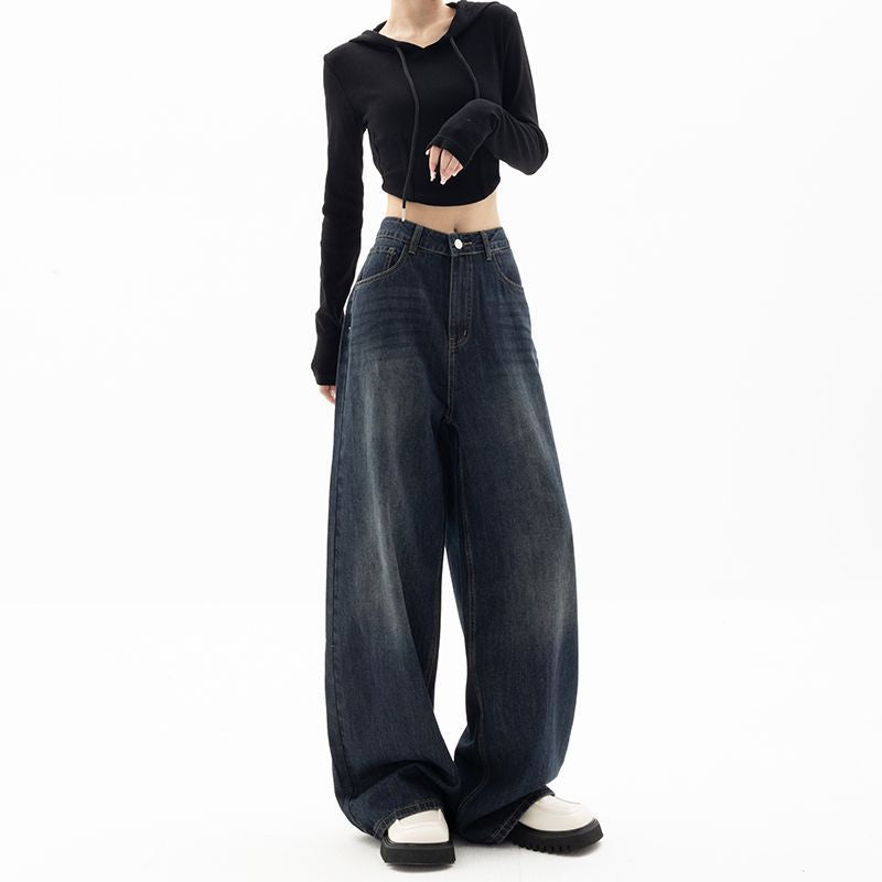 Retro Street Style Wide-Leg Pants - Unique Blue High-Waist Denim Trousers for Women