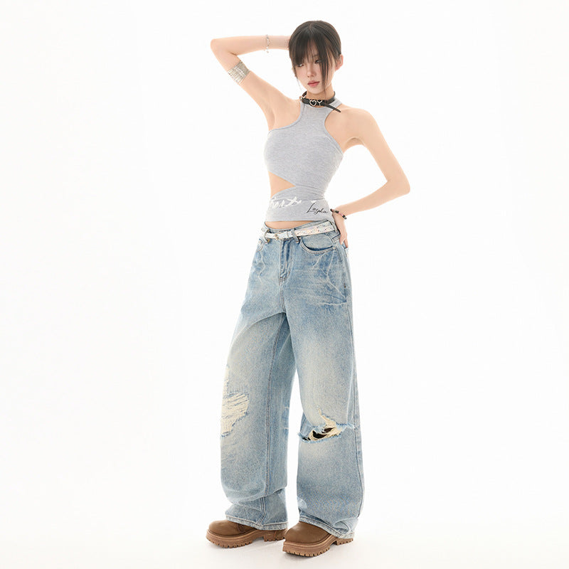 Women's Ripped Straight Leg Jeans - Washed Vintage Loose Wide Leg Pants