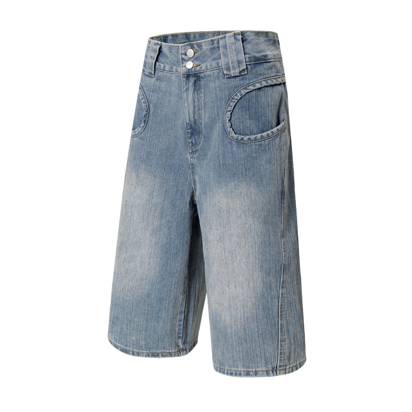 Street Style Washed Vintage Denim Shorts with Unique Pocket Design