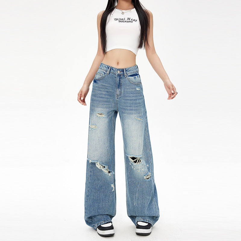 Vintage Destroyed Loose Denim Pants for Women - Wide Leg Floor Length Trousers
