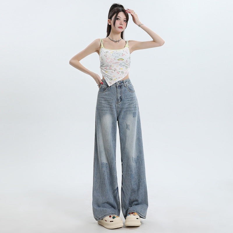 Women's Washed High-Waist Wide-Leg Jeans - Summer Loose Slimming Drape Trousers