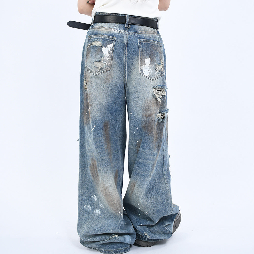 Vintage Washed Denim Pants with Wide Leg and Perforated Design