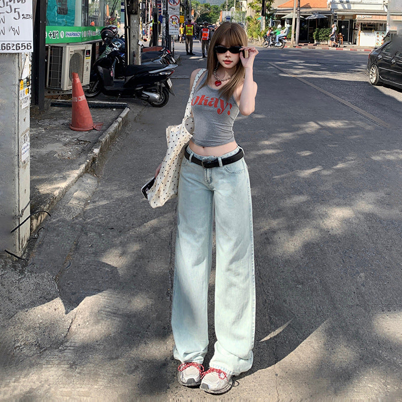 Women's Light Blue Wide Leg Loose Floor-Length Jeans