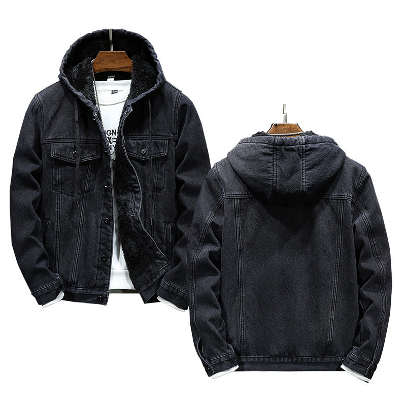 Warm Thick Men's Cotton Coat Winter Faux Shearling Hooded Quilted Denim Jacket