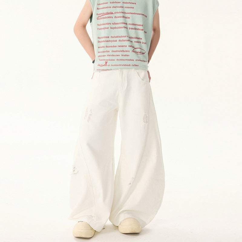 Premium Wide Leg Ripped Banana Straight Leg Denim Pants