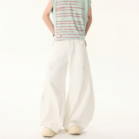 Premium Wide Leg Ripped Banana Straight Leg Denim Pants