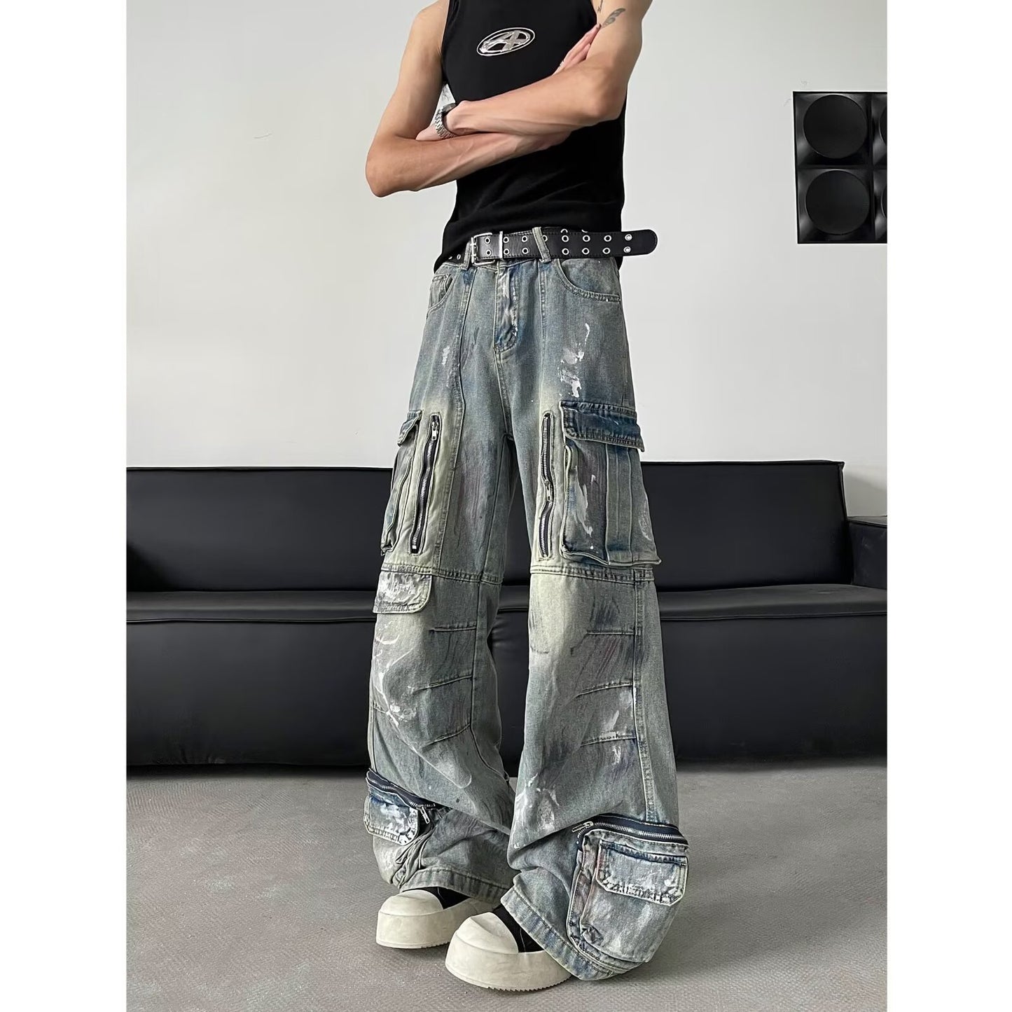 Multi Pocket Wide Leg Denim Straight Leg Casual Workwear Pants