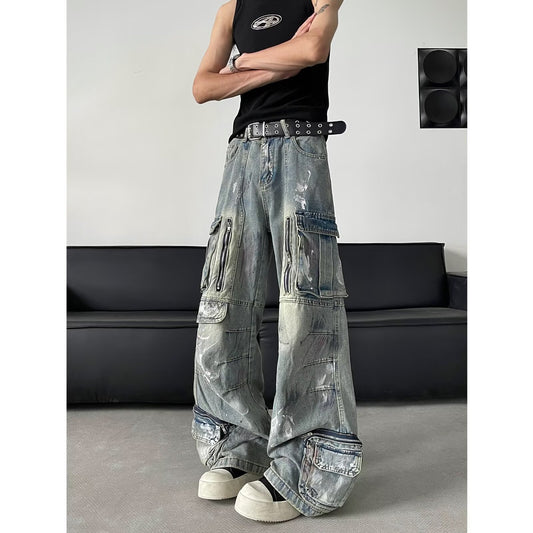 Multi Pocket Wide Leg Denim Straight Leg Casual Workwear Pants