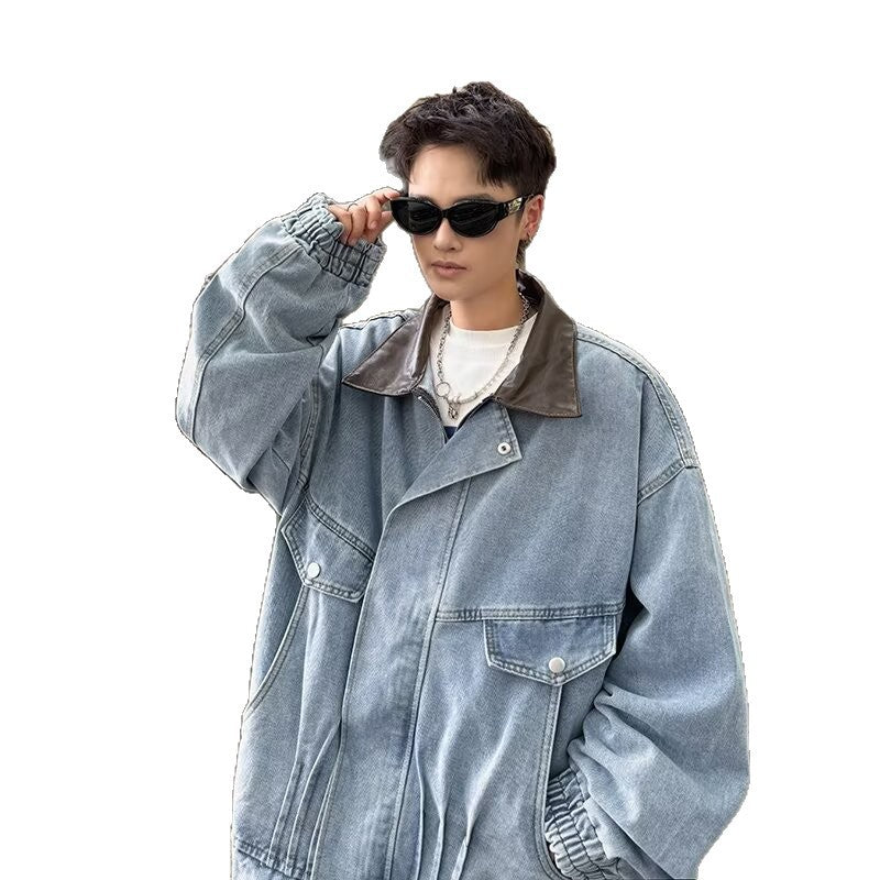 High Street Silhouette Washed Denim Color Blocked Lapel Jacket