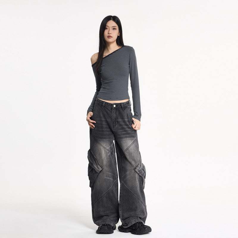 Silk Women's Water-Washed Loose Flare Cargo Denim Pants
