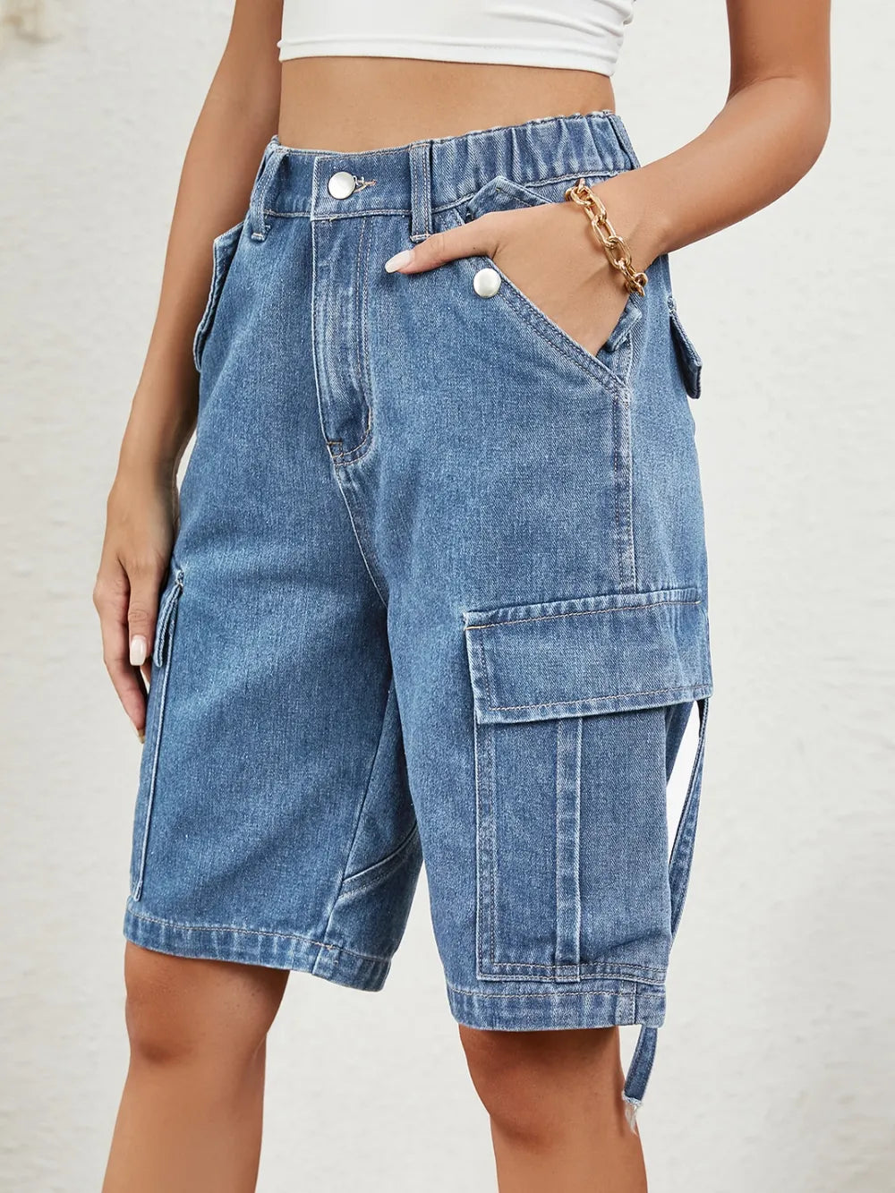 High Waist Denim Shorts with Pockets - Casual Chic Style