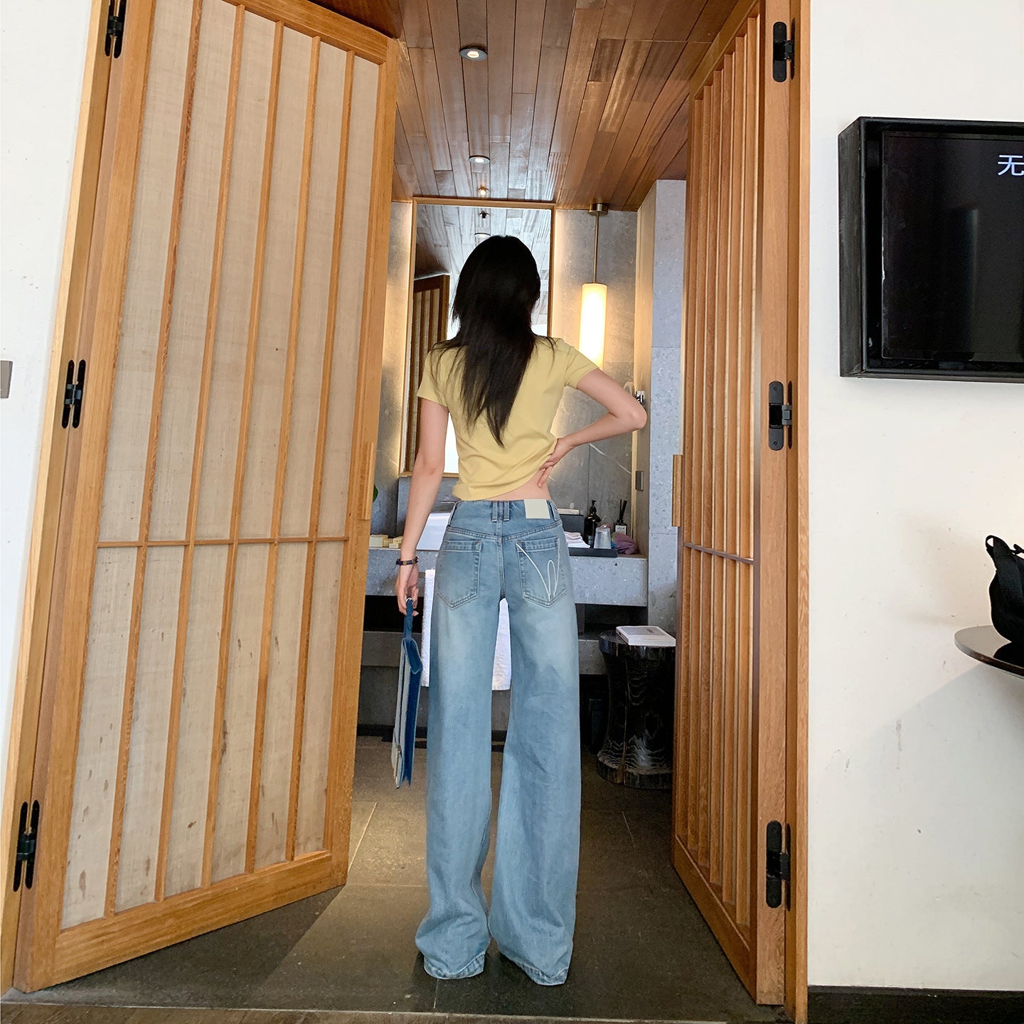 Thin Waist-Free Cool Tencel Low-Waist Flared Pants for Women - Vintage Washed Drape Straight Jeans