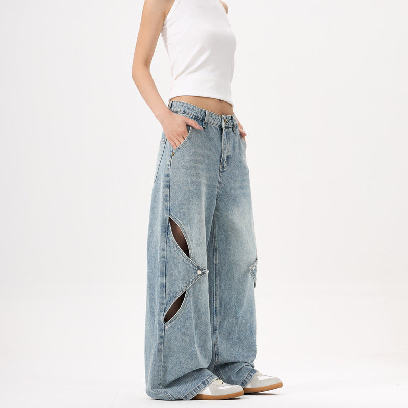Women's Patchwork Distressed Denim Pants - Loose Straight Floor-Length Trousers