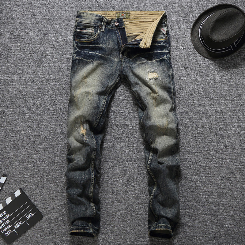 Men's Vintage Retro Slim Fit Ripped Jeans - Balplein Brand