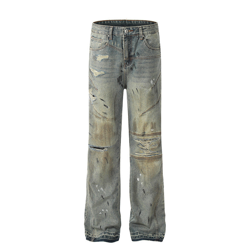 Mud Dyed Micro Flared Spliced Jeans - Distressed Denim with Unique Style