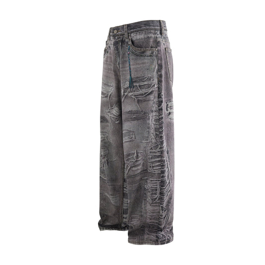 Washed 3D Printed Denim Wide Leg Pants