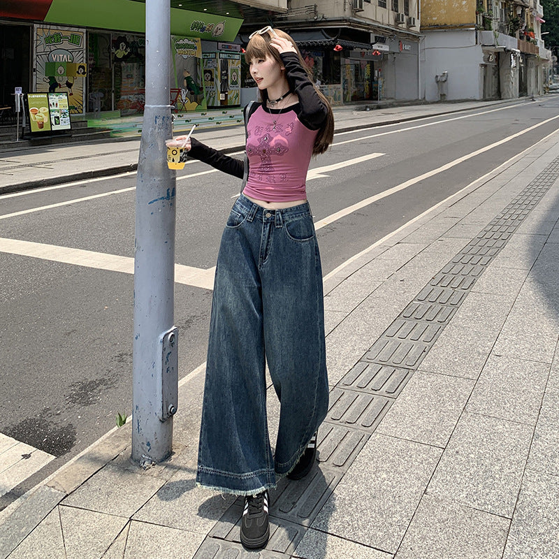 Retro Denim Ankle-Length Pants for Women - High Waist Loose Straight Leg Trousers