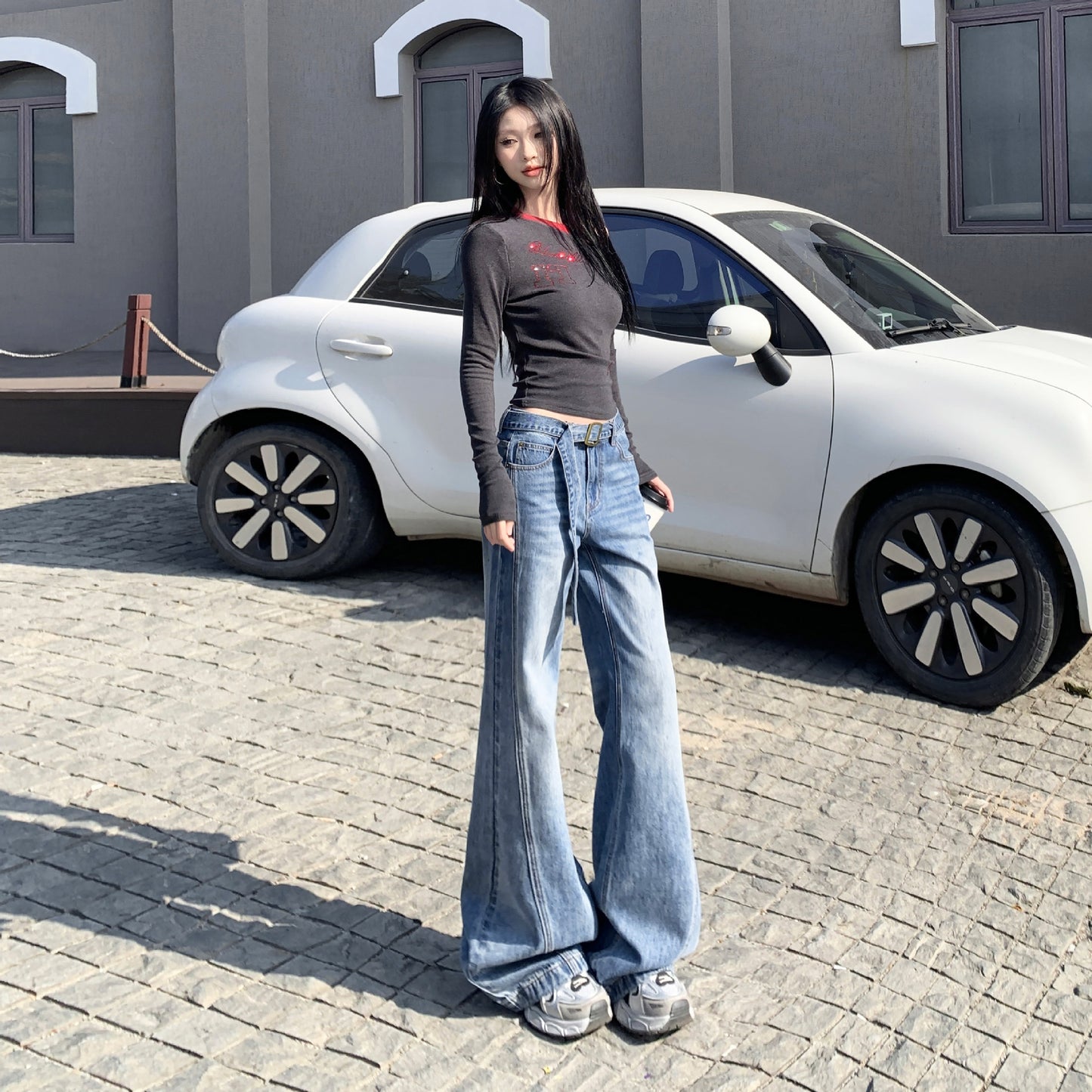 High-Waist Versatile Belted Flared Jeans for Women