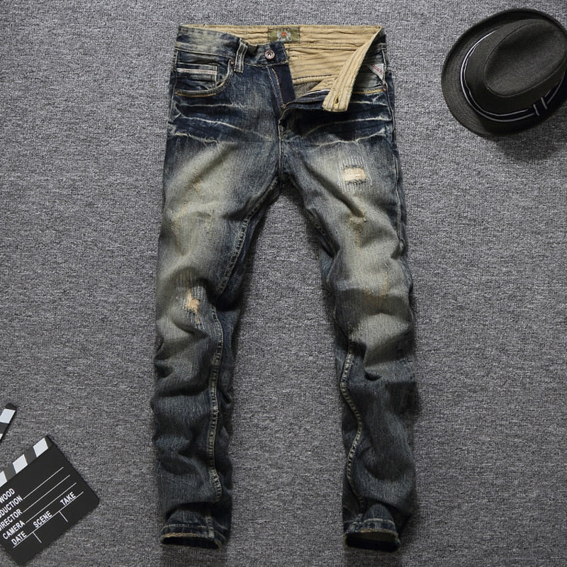 Men's Vintage Retro Slim Fit Ripped Jeans - Balplein Brand