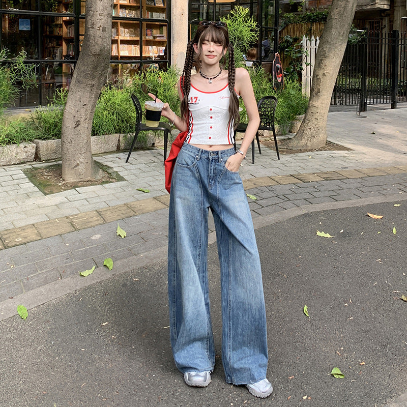 Women's Wide-Leg Floor-Length Denim Pants - Retro Blue