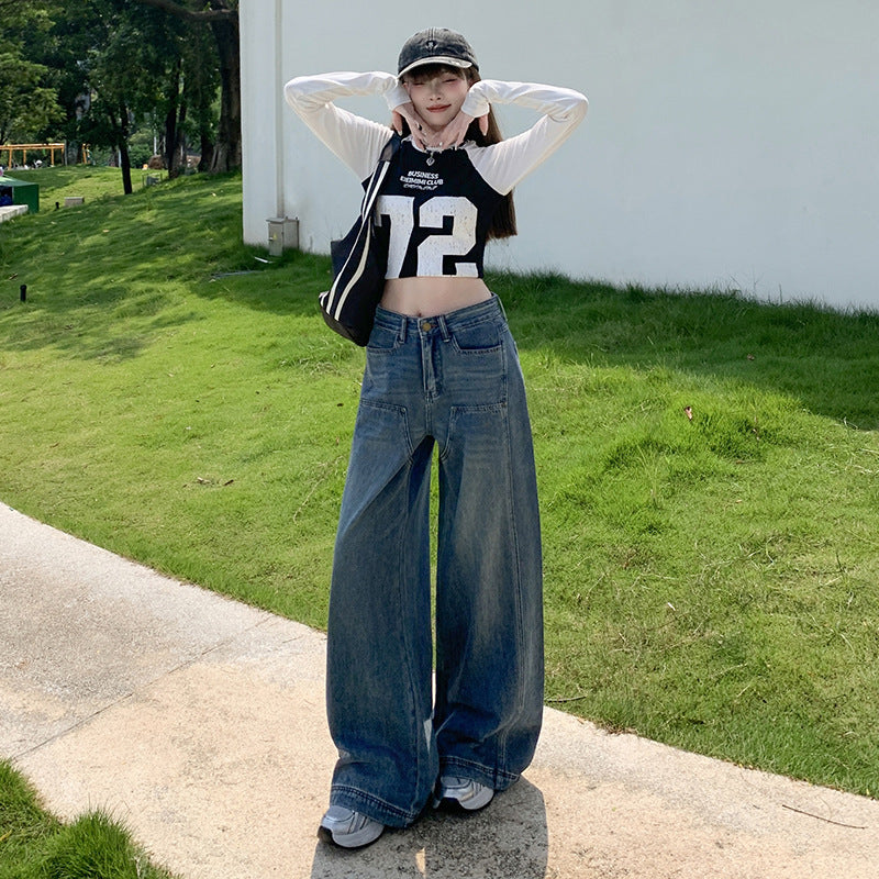 Retro Street Style High-Waist Loose Fit Slimming Versatile Washed Floor-Length Wide-Leg Jeans for Women