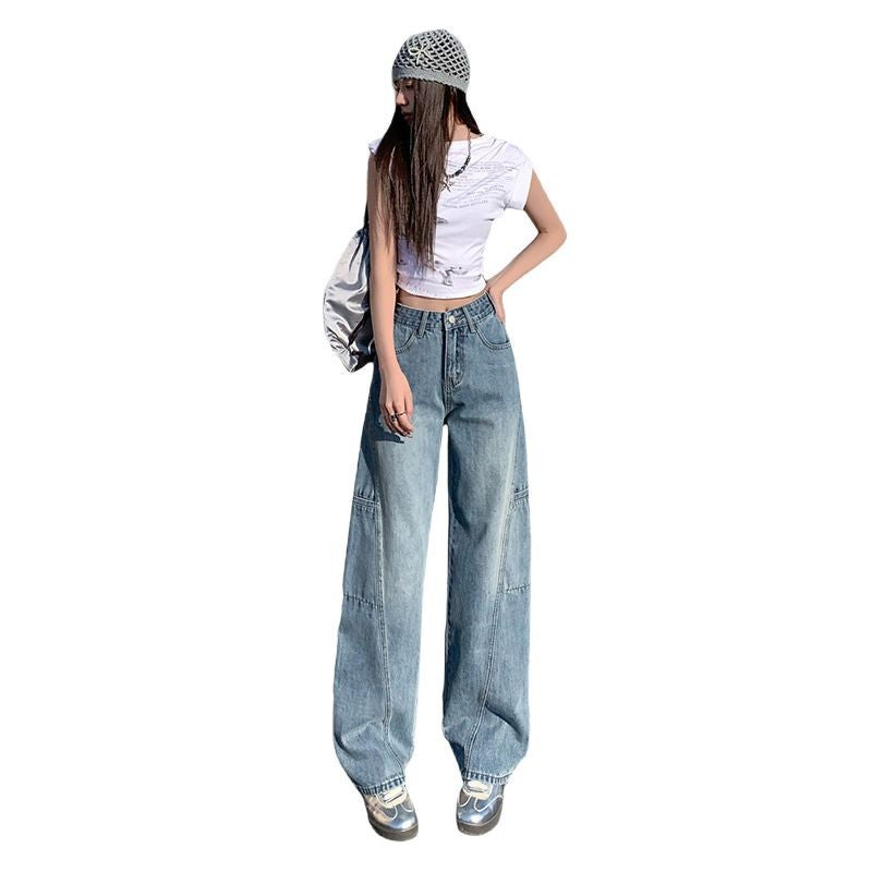 Women’s High-Drop Crotch Wide-Leg Workwear Denim Pants
