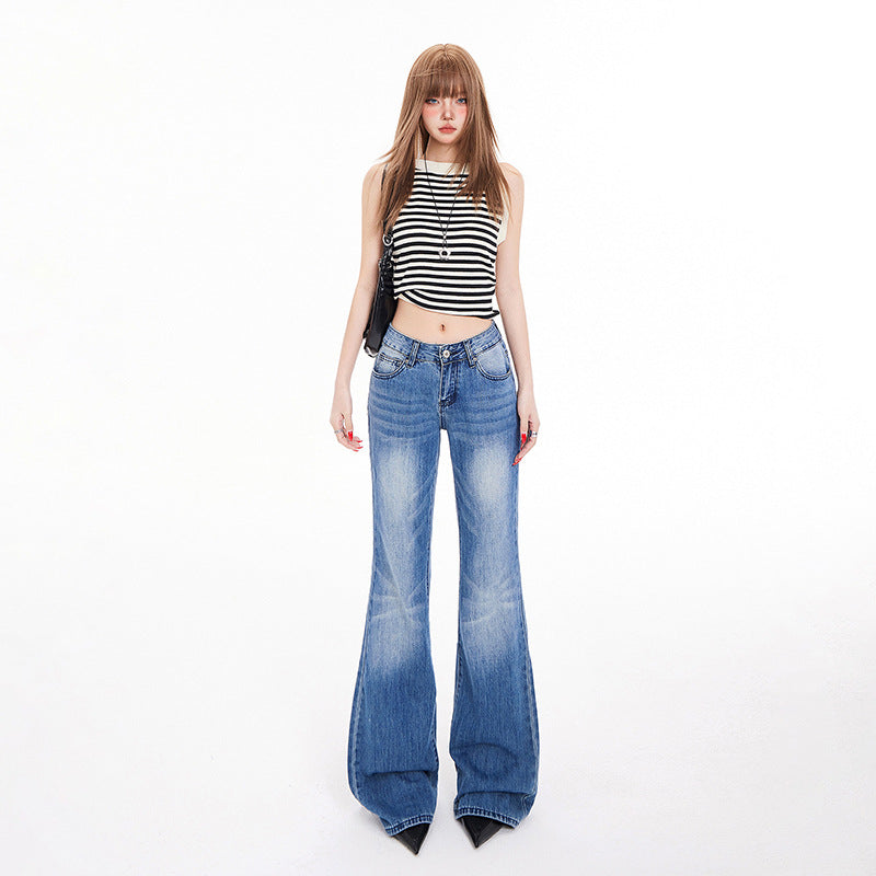 Women's Low Waist Flared Denim Pants - Stylish Spring Wide Leg Trumpet Pants