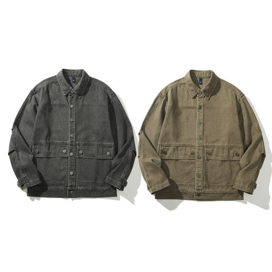 Heavyweight Vintage Workwear Jacket for Men - Loose Fit Distressed Washed Denim-Like Coat