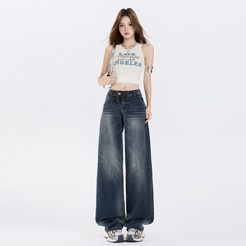 Women's Low Waist Straight Leg Jeans - Summer Water Washed Wide Leg Pants