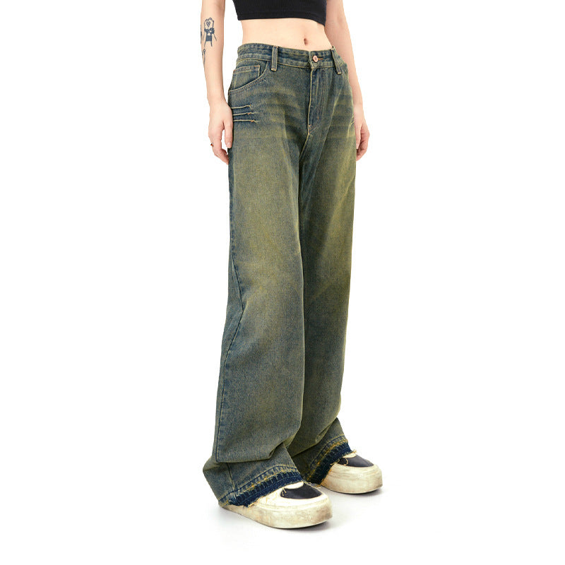 Washed Distressed Wide-Leg Long Jeans with Cuffed Hem