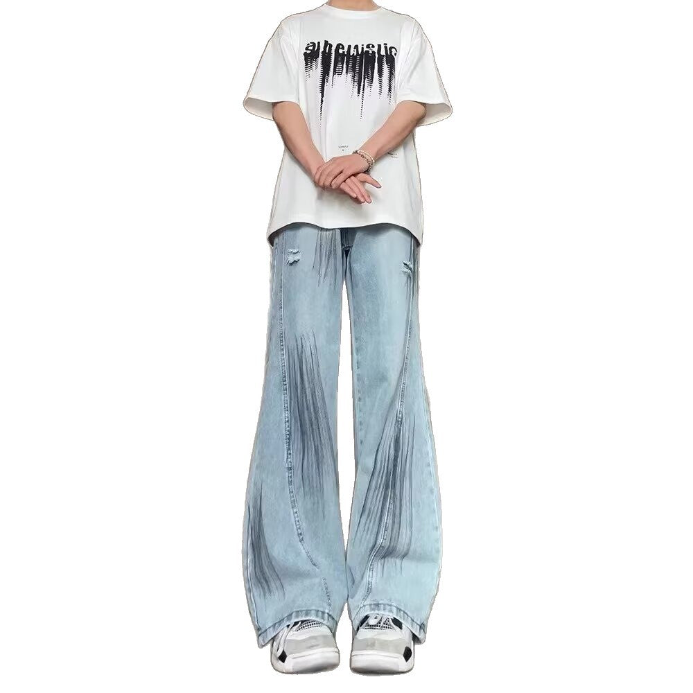 Retro Blue Ripped Semi Elastic Waist Jeans for Men