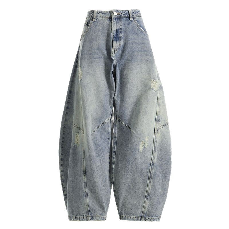 Retro Distressed Deconstructed Wide-Leg High-Waist Casual Loose Tapered Jeans for Women