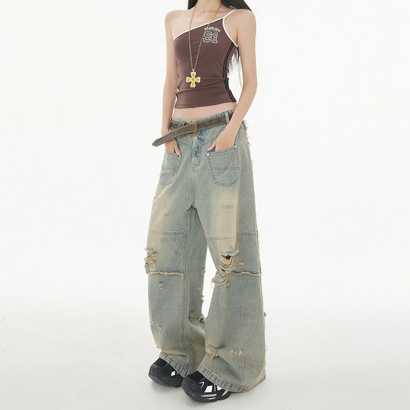 High Street Post-Apocalyptic Style Distressed Denim Pants for Men and Women