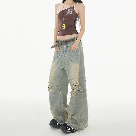 High Street Post-Apocalyptic Style Distressed Denim Pants for Men and Women