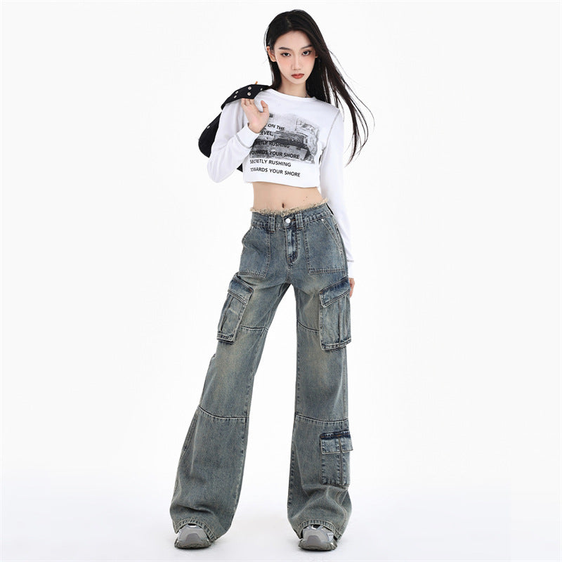 Women's High Waist Slim Wide Leg Denim Workwear Pants