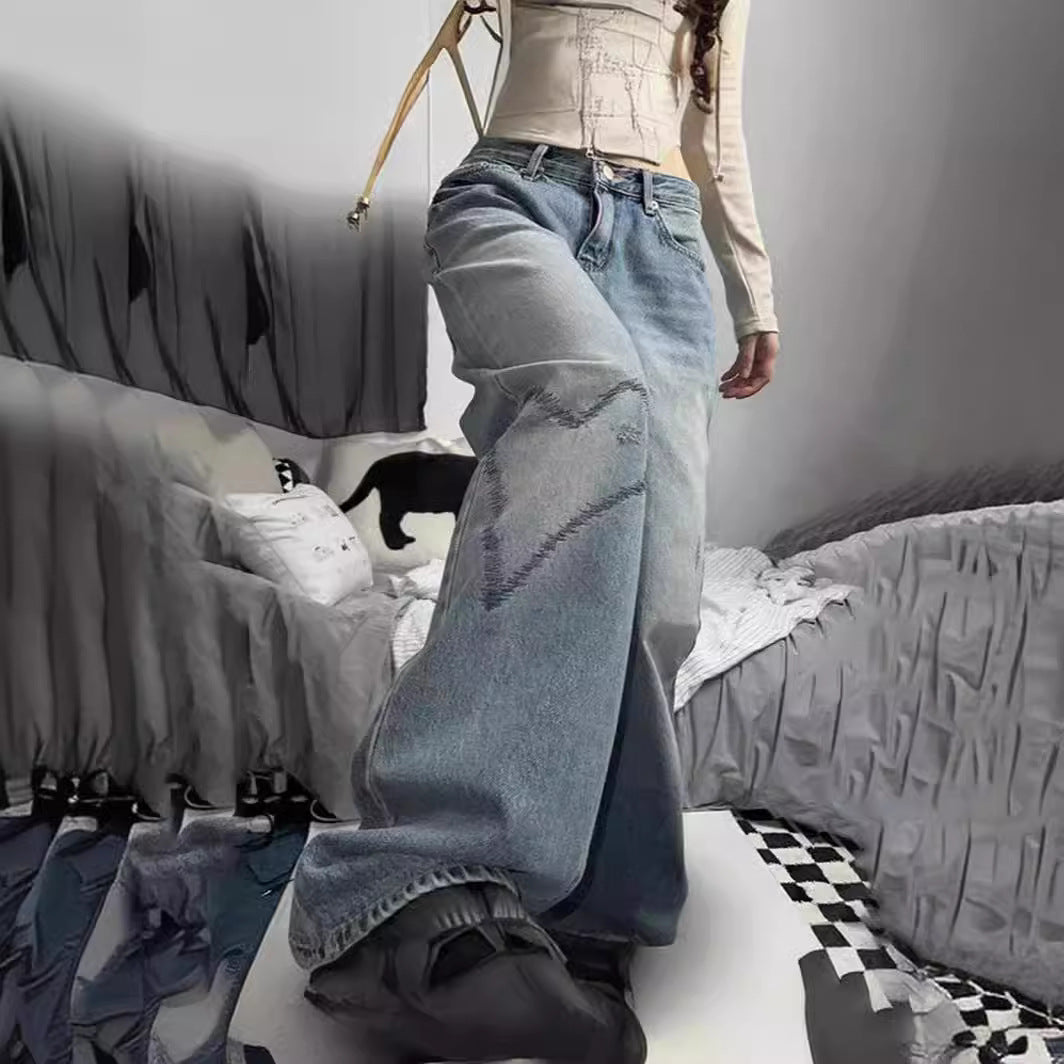 Loose Heart-Shaped Embroidered Wide Leg Jeans for Women