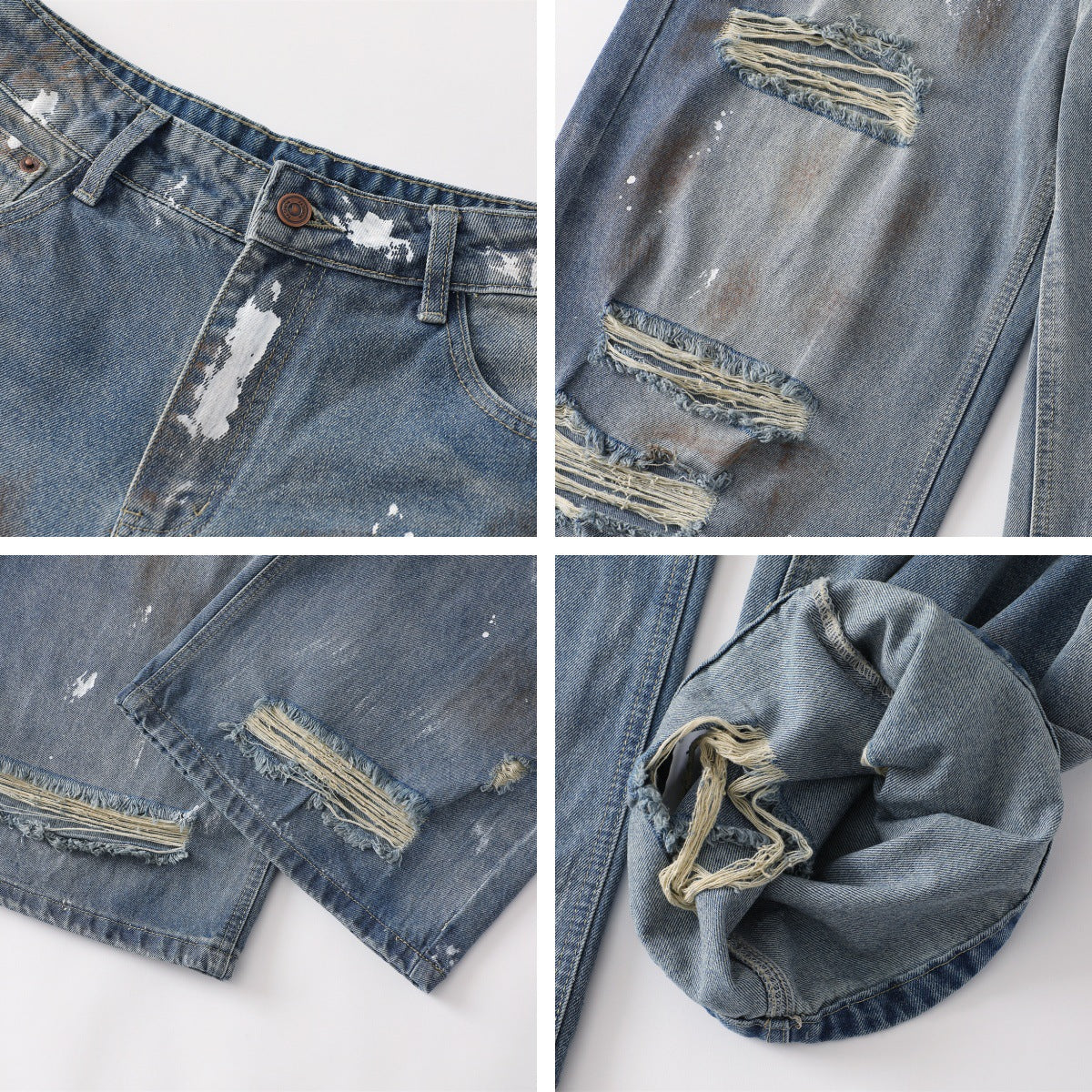 Mud Stained Denim Jeans with Holes - Trendy Blue Pants