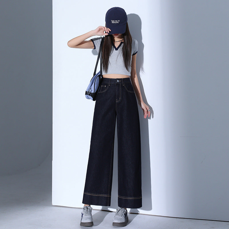 Light Blue Casual Wide-Leg Jeans for Women - High-Waist Slimming Nine-Point Straight Leg Pants