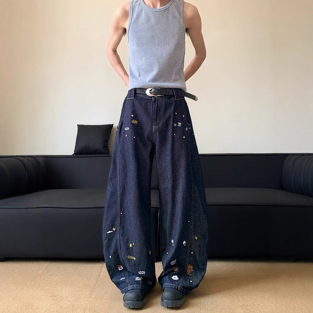 Retro Cartoon Embroidered Curved Knife Jeans