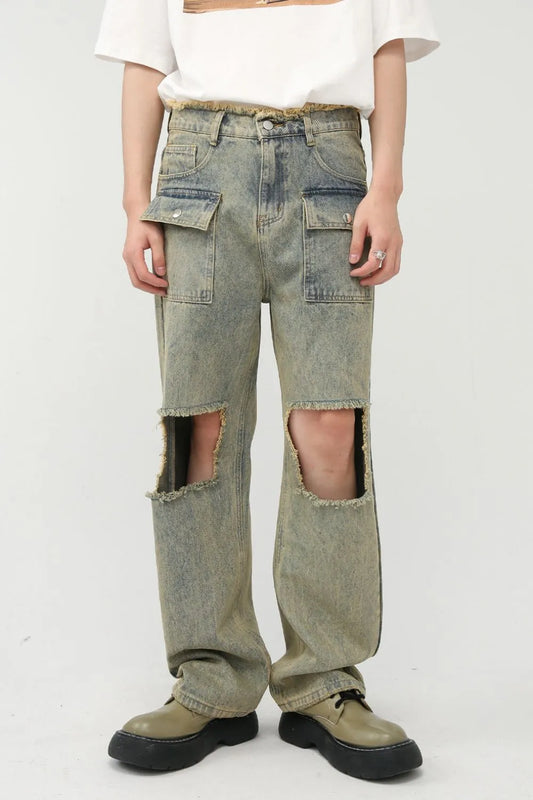 Premium Raw Hem Distressed Jeans in Japanese Denim