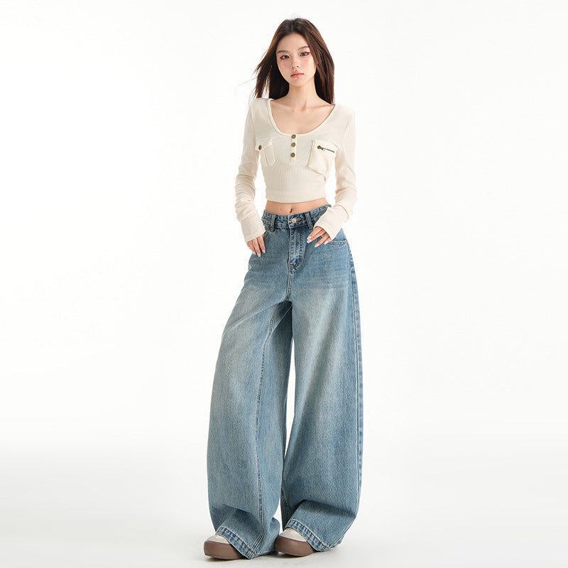 Vintage Blue Wide-Leg High-Waist Jeans for Women