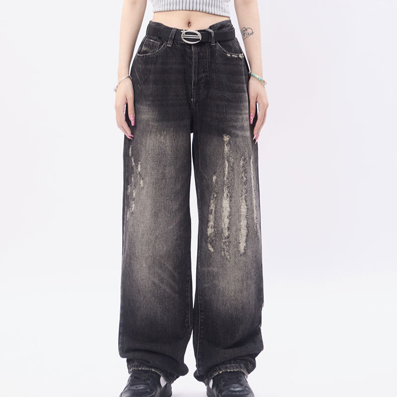 Loose Distressed Scratched Straight Leg Jeans - Premium Japanese Denim