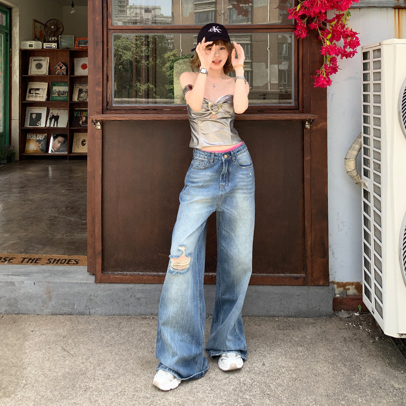 High-Waisted Spicy Girl Distressed Denim Pants for Women - Water Washed Straight Leg Slimming Trousers
