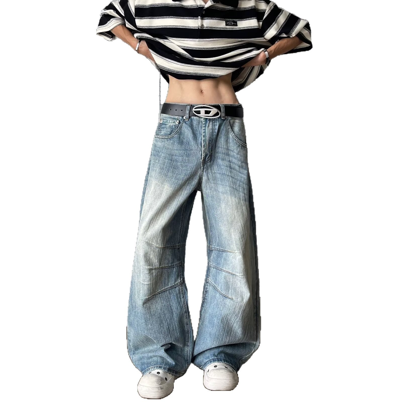 Bamboo Patterned Curved Knife Denim Loose Wide Leg Pants