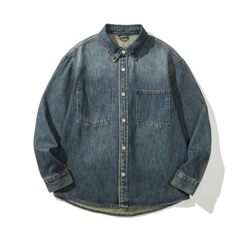 Retro Streetwear Cargo Denim Shirt - Men's Loose Casual Long Sleeve Jacket