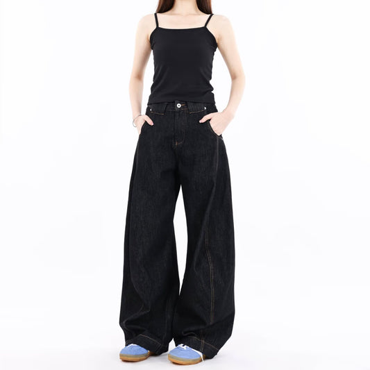 Retro Deconstructed Original Color Wide-Leg Jeans for Women