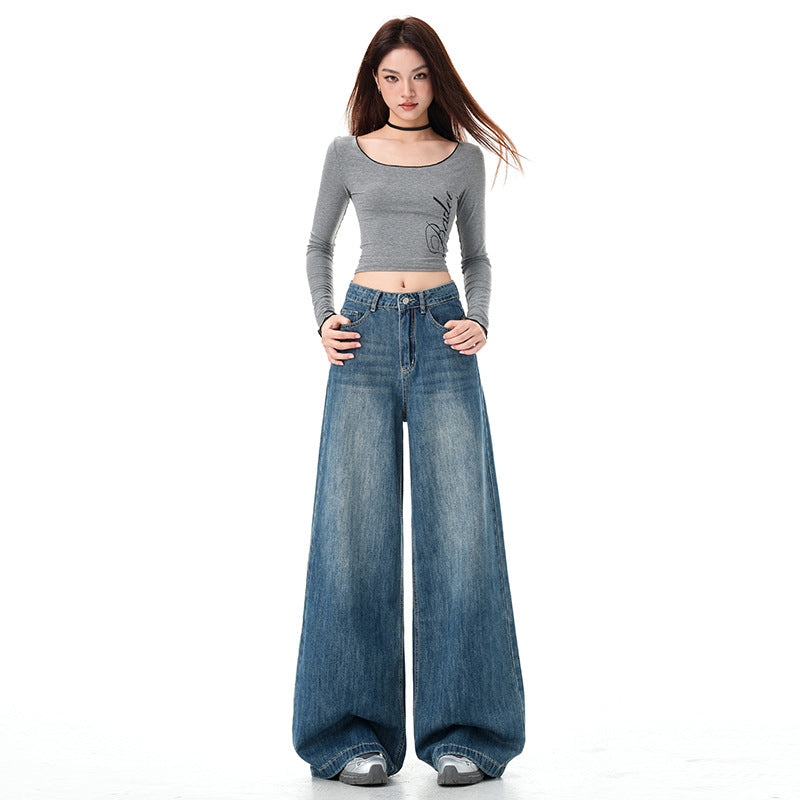 Vintage Blue Wide-Leg Jeans for Women - High Street High-Waist Slimming Loose Straight Ankle-Length Pants