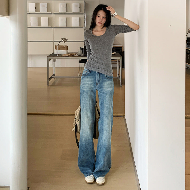 Flared Denim Pants for Women - Low Waist Slim Fit Washed Versatile Elastic Slightly Flared Trousers